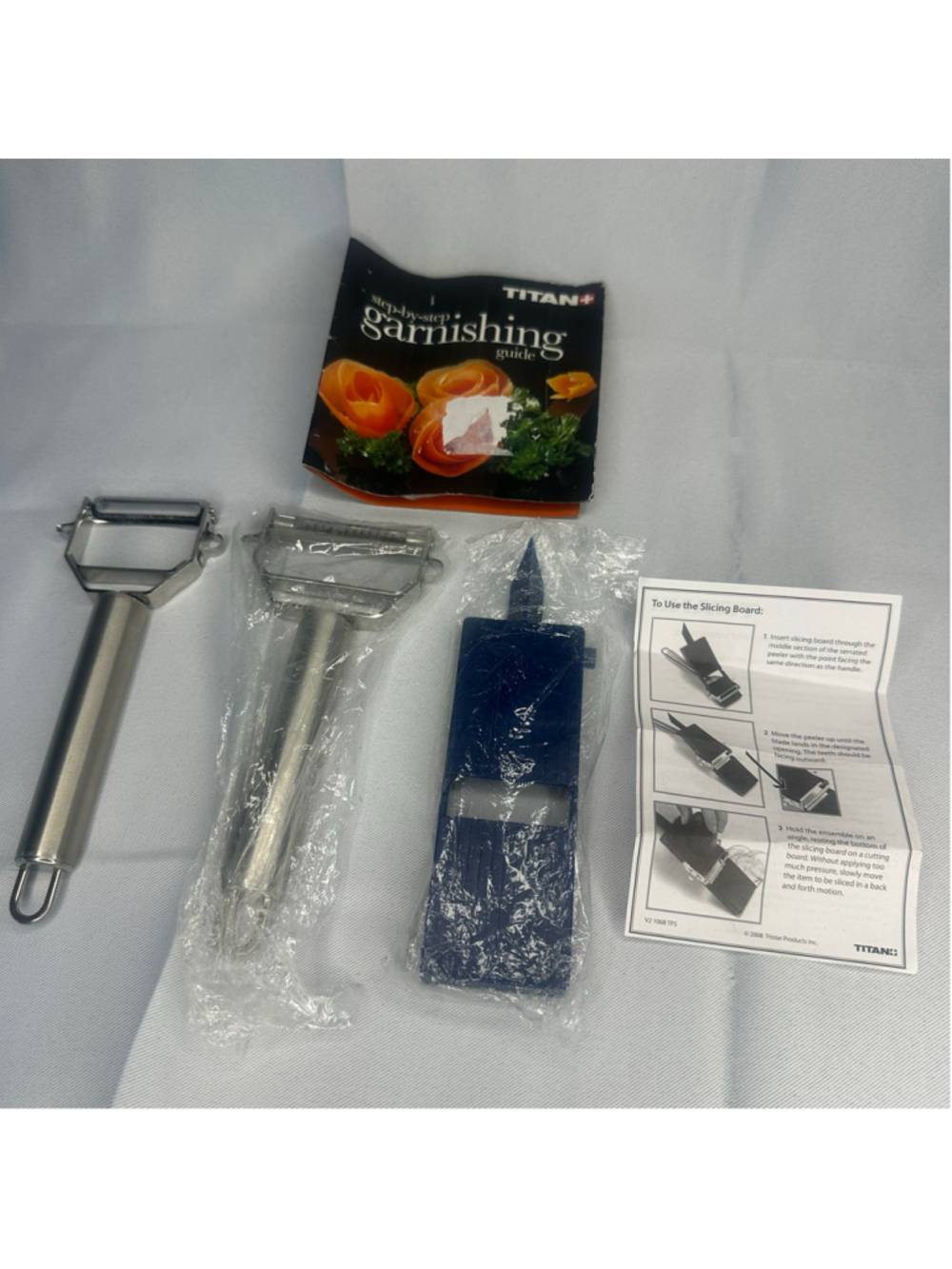 New Titan Stainless Steel Peeler Slicer As Seen On TV Blue Board Guide Book Set